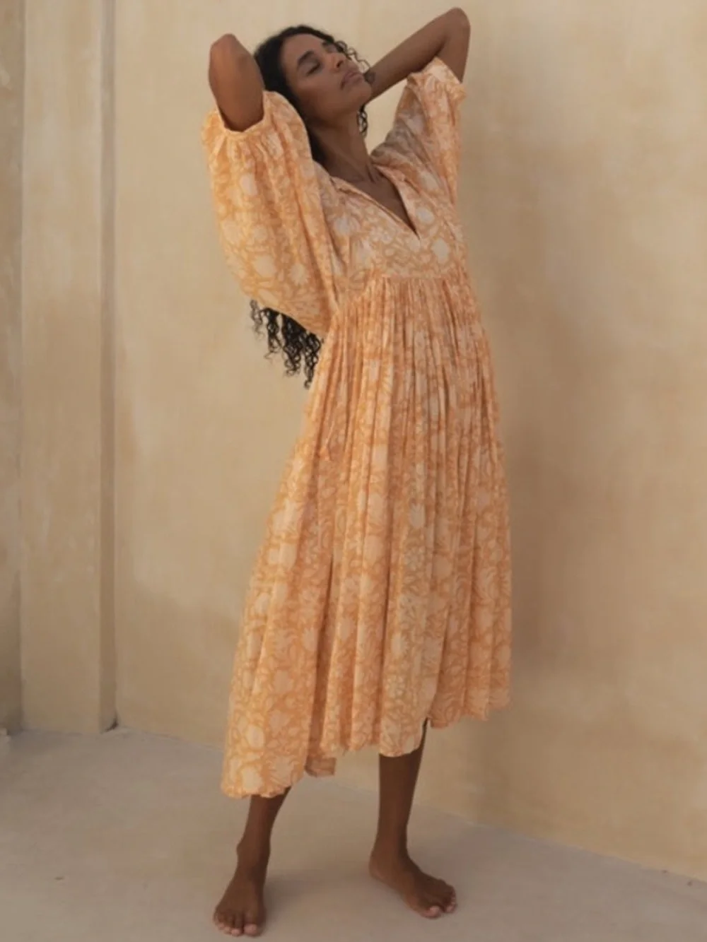 Kyra | Mini Dress | Tangerine Orange Floral - Boho Relaxed Fit Balloon-Sleeved Gauze Cotton | Daughters of India